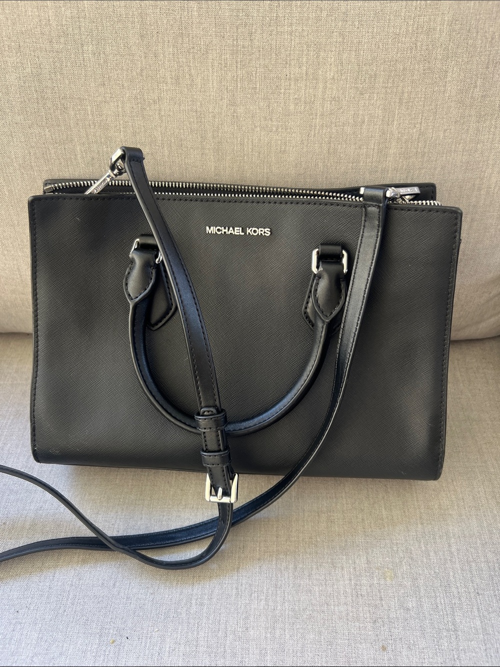 MICHAEL KORS Black Saffiano Leather Satchel with Removable Strap